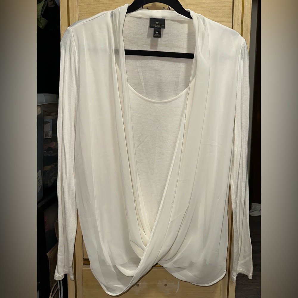 Worthington Petite Dressy White Drape Front Long Sleeve Blouse Size PL